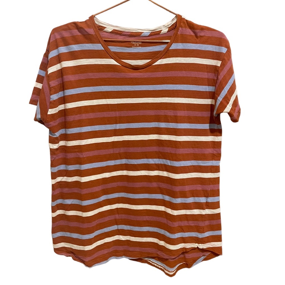 Madewell Whisper Cotton Crewneck Tee in Birchmont Burnt Clay Brown Stripe